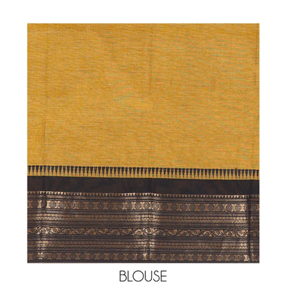 Pothys Mustard Plain Chettinad Cotton Saree, a Contrast Traditional Zari Temple Border, Striped Pallu, a Matching Blouse