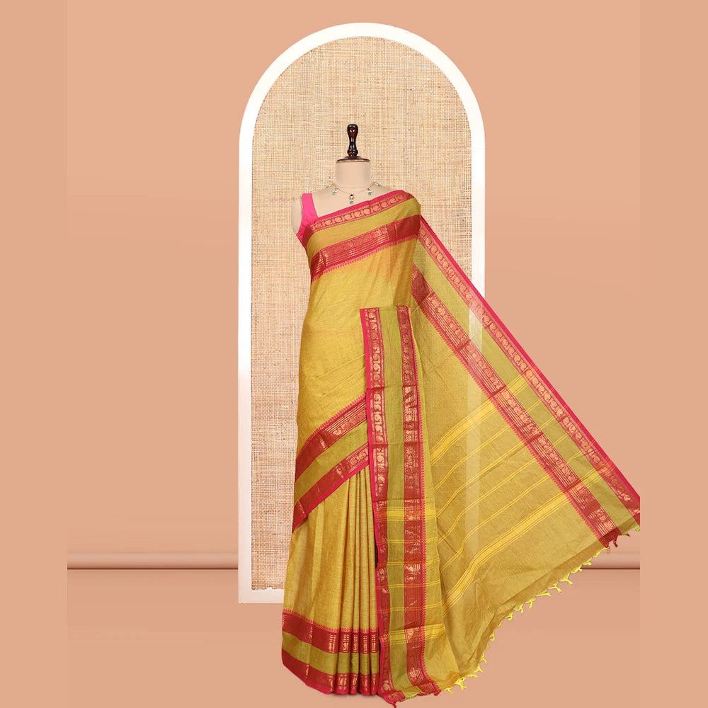 Pothys Lemon Yellow Plain Chettinad Cotton Saree, a Contrast Traditional Thread Rettai Pettu Border, Striped Pallu, a Matching Blouse