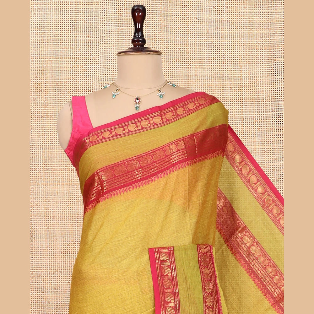 Pothys Lemon Yellow Plain Chettinad Cotton Saree, a Contrast Traditional Thread Rettai Pettu Border, Striped Pallu, a Matching Blouse