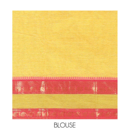 Pothys Lemon Yellow Plain Chettinad Cotton Saree, a Contrast Traditional Thread Rettai Pettu Border, Striped Pallu, a Matching Blouse