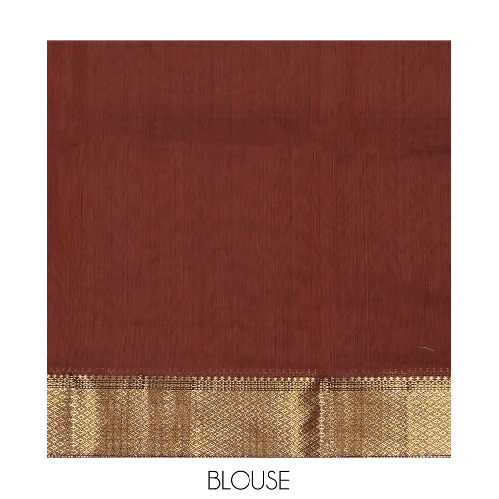 Pothys Brown Maheshwari Cotton Saree, Accentuated with Buttas, Highlighted by a Traditional Zari Border, Zari Gleamed Up Pallu, and a Matching Blouse