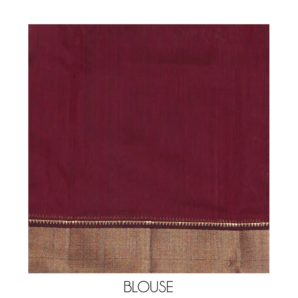 Pothys Maroon Maheshwari Cotton Saree, Adorned with Buttas, Highlighted by a Traditional Zari Border, Pallu Gleamed Up with Zari Buttas, and a Matching Blouse
