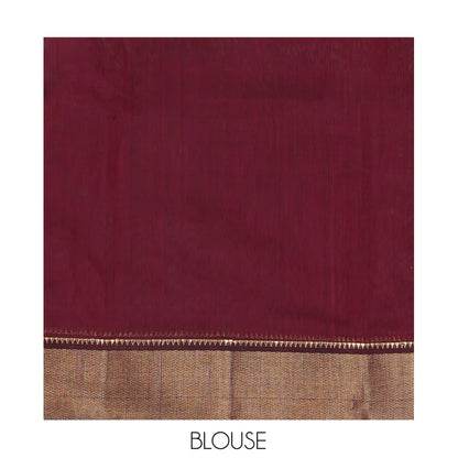 Pothys Maroon Maheshwari Cotton Saree, Adorned with Buttas, Highlighted by a Traditional Zari Border, Pallu Gleamed Up with Zari Buttas, and a Matching Blouse