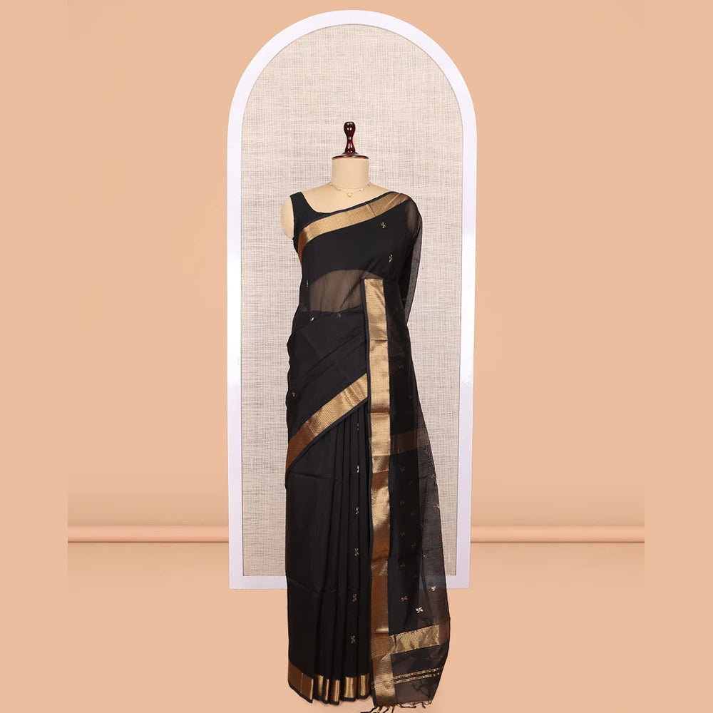 Pothys Black Maheshwari Cotton Saree, Accentuated with Buttas, Highlighted by a Traditional Zari Border, Pallu Gleamed Up with Zari Buttas, and a Matching Blouse