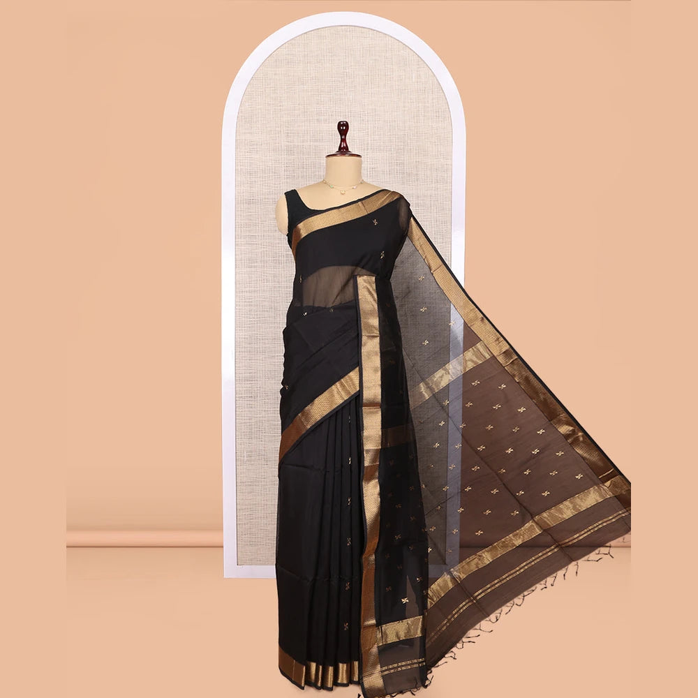 Pothys Black Maheshwari Cotton Saree, Accentuated with Buttas, Highlighted by a Traditional Zari Border, Pallu Gleamed Up with Zari Buttas, and a Matching Blouse