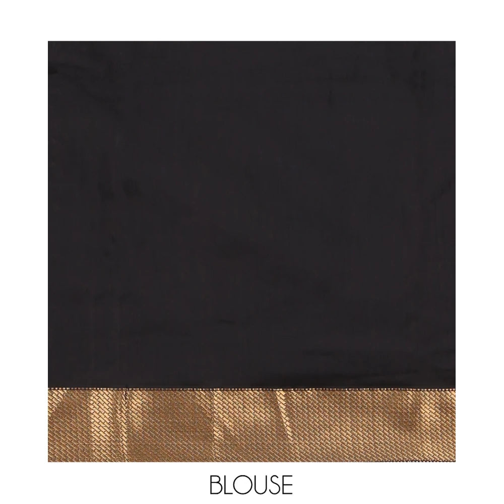 Pothys Black Maheshwari Cotton Saree, Accentuated with Buttas, Highlighted by a Traditional Zari Border, Pallu Gleamed Up with Zari Buttas, and a Matching Blouse
