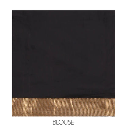 Pothys Black Maheshwari Cotton Saree, Accentuated with Buttas, Highlighted by a Traditional Zari Border, Pallu Gleamed Up with Zari Buttas, and a Matching Blouse