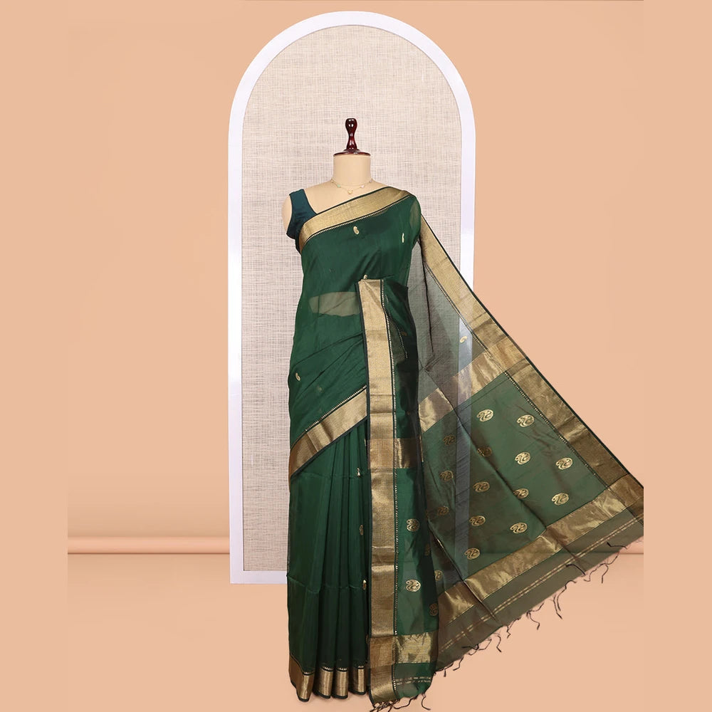Pothys Green Maheshwari Cotton Saree, Elevated with Buttas, Highlighted by a Traditional Zari Border, Pallu of Paisleys, and a Matching Blouse