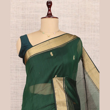 Pothys Green Maheshwari Cotton Saree, Elevated with Buttas, Highlighted by a Traditional Zari Border, Pallu of Paisleys, and a Matching Blouse