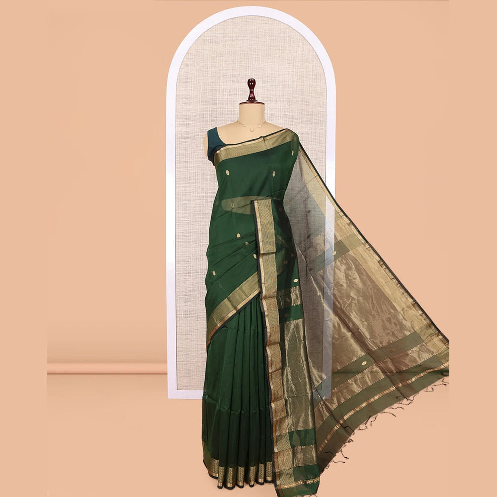 Pothys Green Maheshwari Cotton Saree, Accentuated with Buttas, a Contrast Traditional Zari Border, Gleaming Zari Woven Pallu, and a Matching Blouse