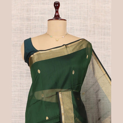 Pothys Green Maheshwari Cotton Saree, Accentuated with Buttas, a Contrast Traditional Zari Border, Gleaming Zari Woven Pallu, and a Matching Blouse