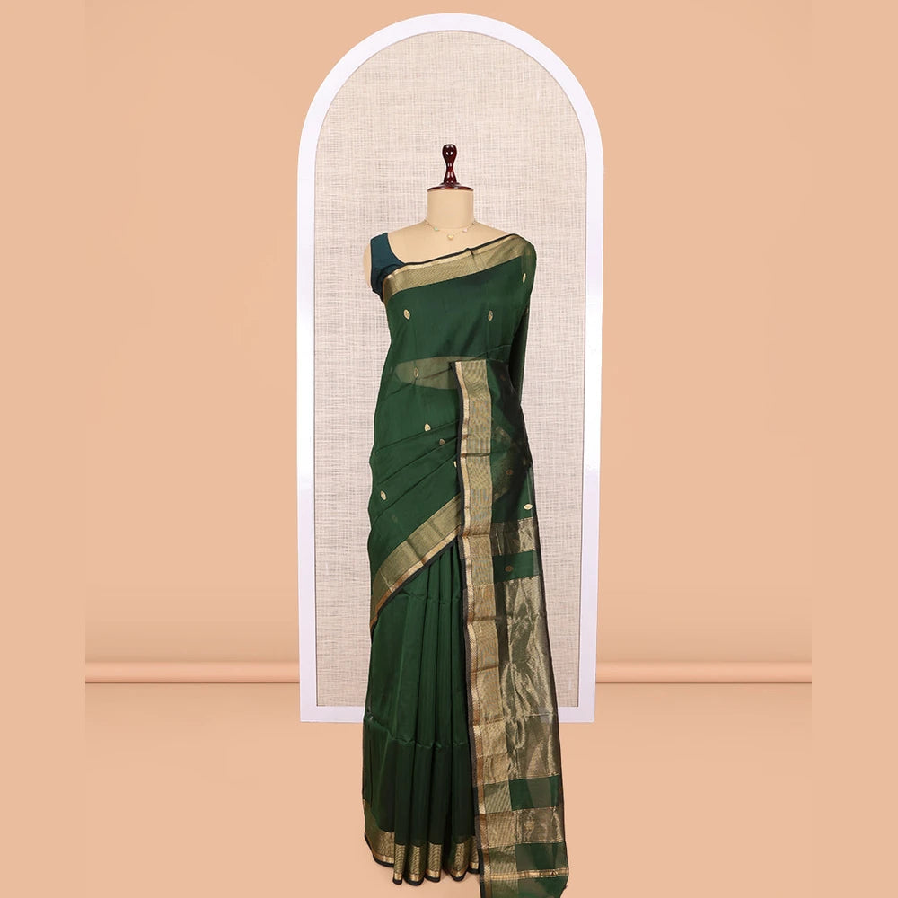Pothys Green Maheshwari Cotton Saree, Accentuated with Buttas, a Contrast Traditional Zari Border, Gleaming Zari Woven Pallu, and a Matching Blouse