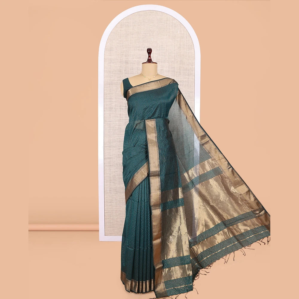 Pothys Blue Maheshwari Cotton Saree, Accentuated with Zari Checks, Highlighted by a Traditional Zari Border, Gleaming Zari Woven Pallu, and a Matching Blouse