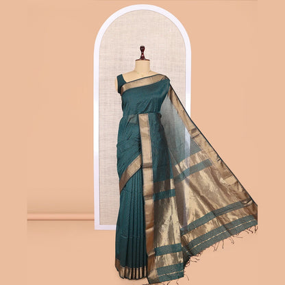 Pothys Blue Maheshwari Cotton Saree, Accentuated with Zari Checks, Highlighted by a Traditional Zari Border, Gleaming Zari Woven Pallu, and a Matching Blouse