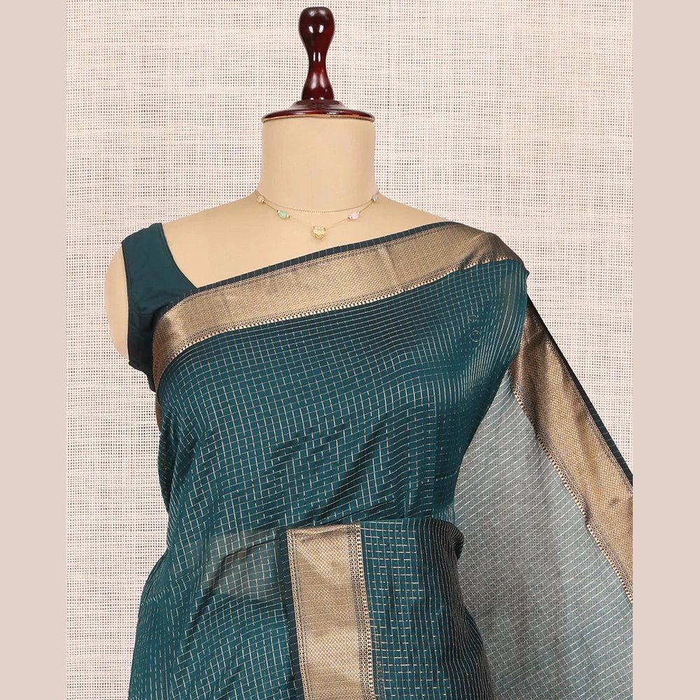 Pothys Blue Maheshwari Cotton Saree, Accentuated with Zari Checks, Highlighted by a Traditional Zari Border, Gleaming Zari Woven Pallu, and a Matching Blouse
