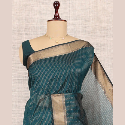 Pothys Blue Maheshwari Cotton Saree, Accentuated with Zari Checks, Highlighted by a Traditional Zari Border, Gleaming Zari Woven Pallu, and a Matching Blouse