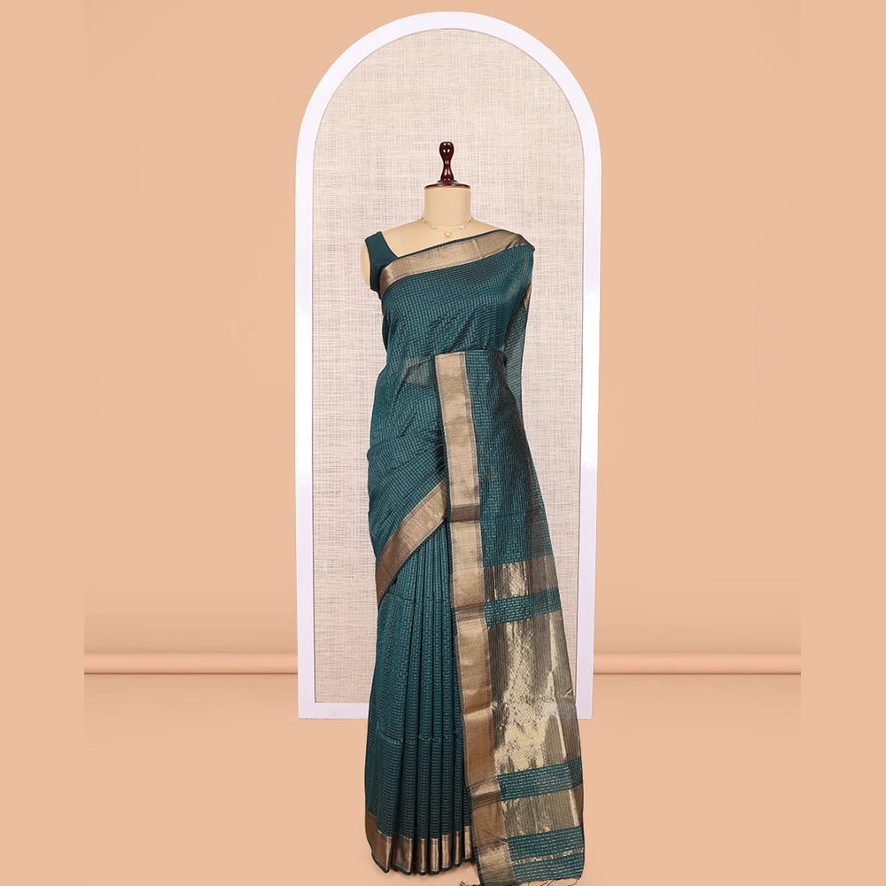 Pothys Blue Maheshwari Cotton Saree, Accentuated with Zari Checks, Highlighted by a Traditional Zari Border, Gleaming Zari Woven Pallu, and a Matching Blouse