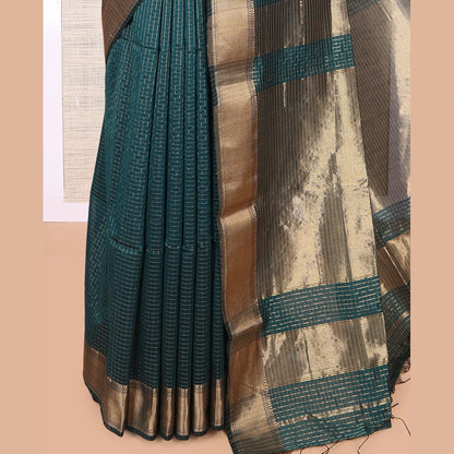 Pothys Blue Maheshwari Cotton Saree, Accentuated with Zari Checks, Highlighted by a Traditional Zari Border, Gleaming Zari Woven Pallu, and a Matching Blouse