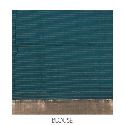 Pothys Blue Maheshwari Cotton Saree, Accentuated with Zari Checks, Highlighted by a Traditional Zari Border, Gleaming Zari Woven Pallu, and a Matching Blouse