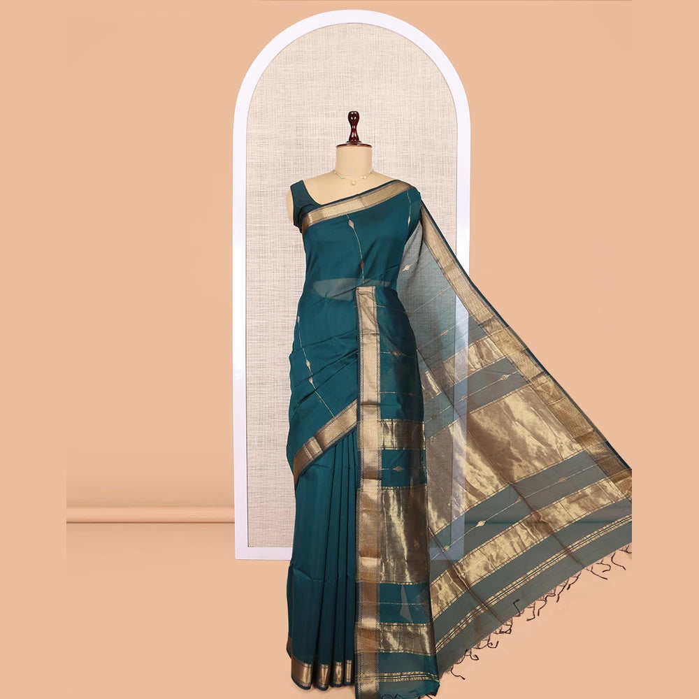 Pothys Blue Maheshwari Cotton Saree, Accentuated with Zari Design, Highlighted by a Traditional Zari Border, Gleaming Zari Woven Pallu, and a Matching Blouse