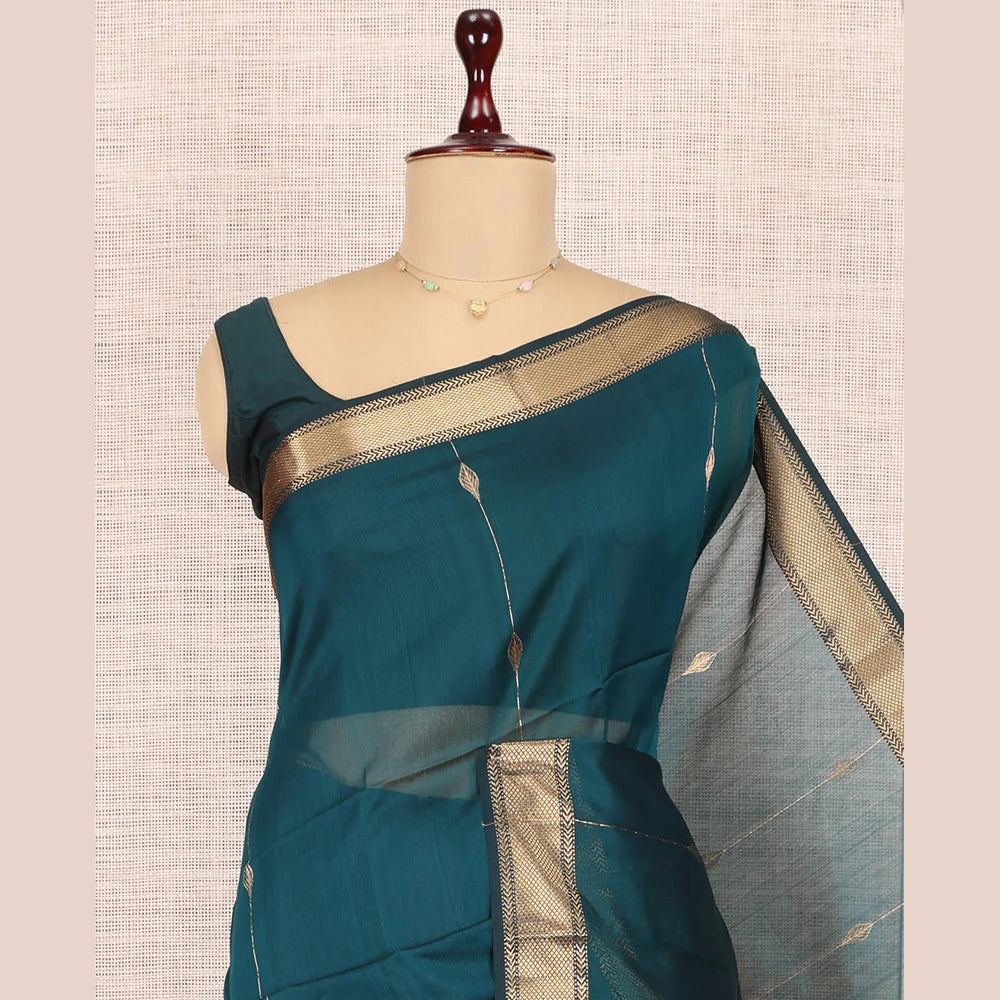 Pothys Blue Maheshwari Cotton Saree, Accentuated with Zari Design, Highlighted by a Traditional Zari Border, Gleaming Zari Woven Pallu, and a Matching Blouse