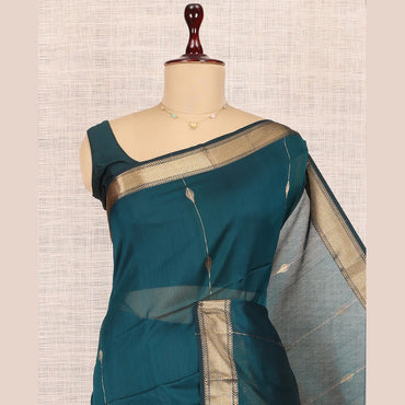 Pothys Blue Maheshwari Cotton Saree, Accentuated with Zari Design, Highlighted by a Traditional Zari Border, Gleaming Zari Woven Pallu, and a Matching Blouse