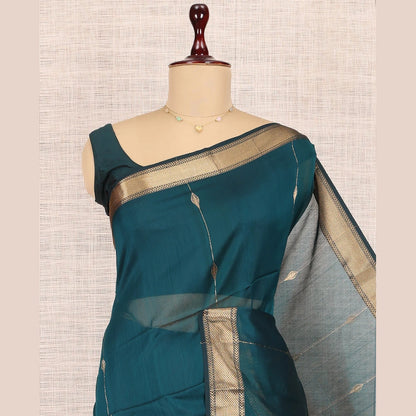 Pothys Blue Maheshwari Cotton Saree, Accentuated with Zari Design, Highlighted by a Traditional Zari Border, Gleaming Zari Woven Pallu, and a Matching Blouse