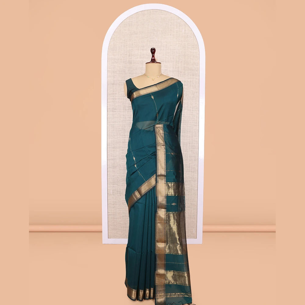 Pothys Blue Maheshwari Cotton Saree, Accentuated with Zari Design, Highlighted by a Traditional Zari Border, Gleaming Zari Woven Pallu, and a Matching Blouse
