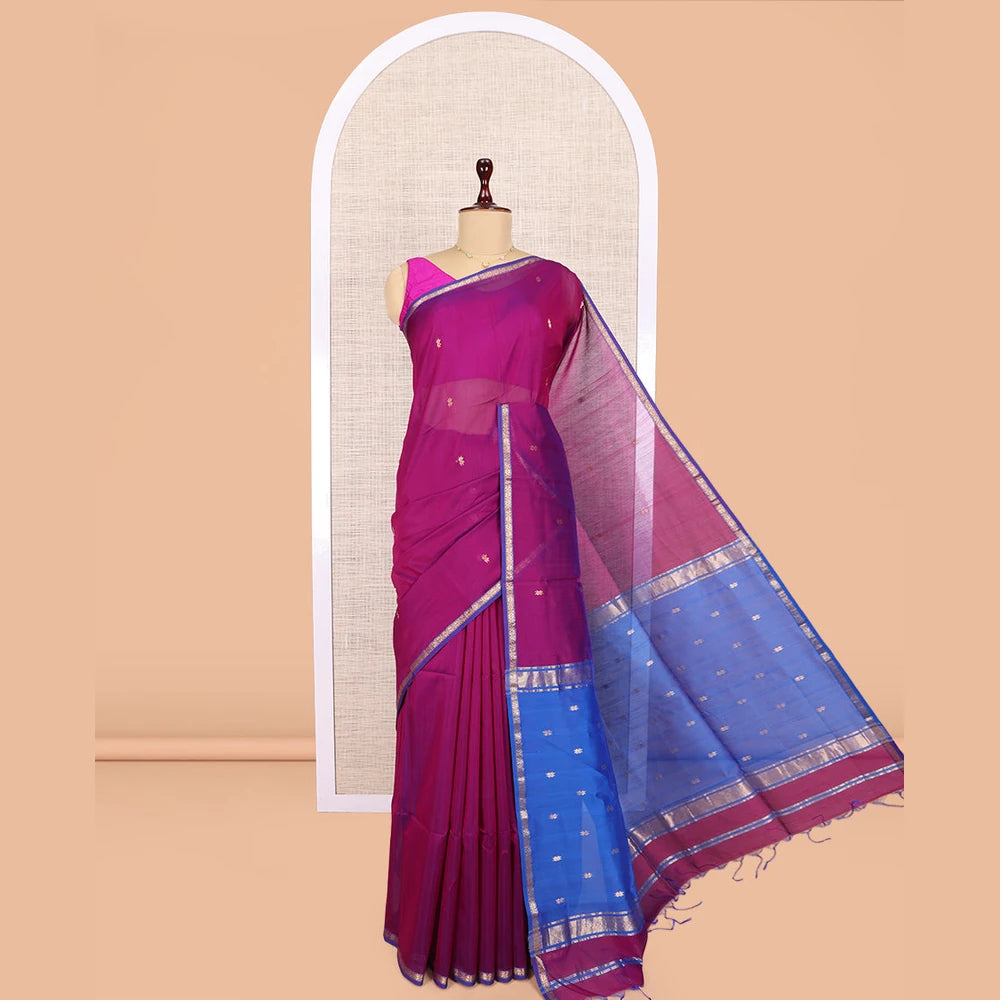 Pothys Magenta Maheshwari Cotton Saree, Graced with Buttas, a Subtle Contrast Piping Zari Border, Pallu Gleamed Up with Zari Buttas, and Contrast Blouse