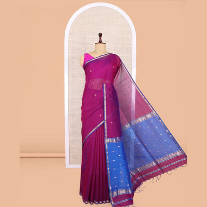 Pothys Magenta Maheshwari Cotton Saree, Graced with Buttas, a Subtle Contrast Piping Zari Border, Pallu Gleamed Up with Zari Buttas, and Contrast Blouse