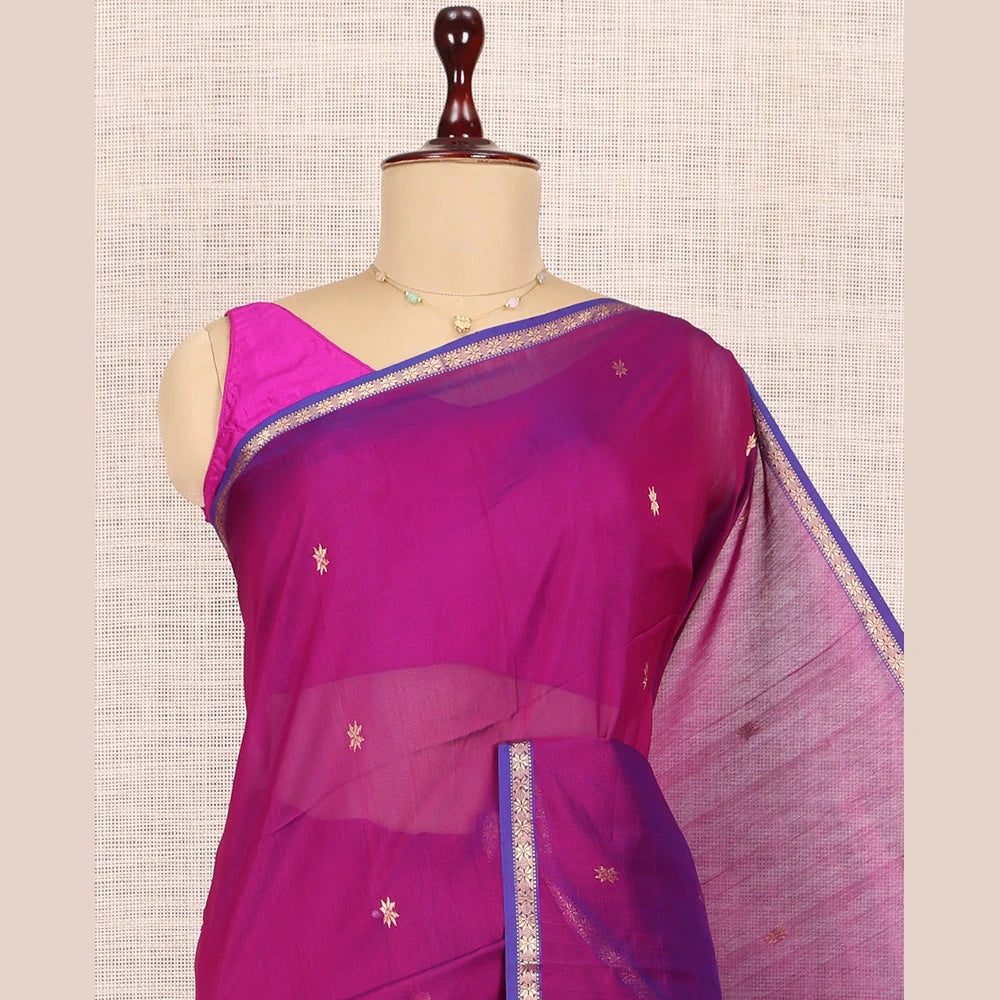 Pothys Magenta Maheshwari Cotton Saree, Graced with Buttas, a Subtle Contrast Piping Zari Border, Pallu Gleamed Up with Zari Buttas, and Contrast Blouse