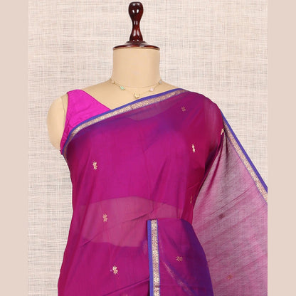 Pothys Magenta Maheshwari Cotton Saree, Graced with Buttas, a Subtle Contrast Piping Zari Border, Pallu Gleamed Up with Zari Buttas, and Contrast Blouse