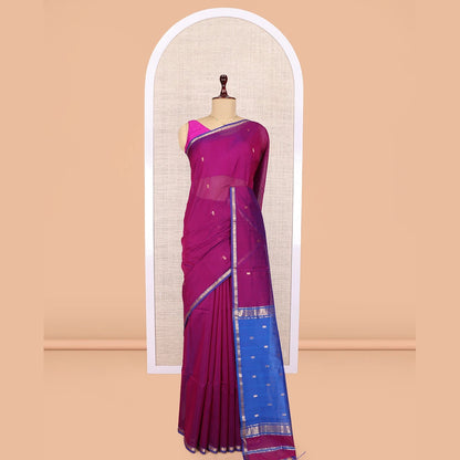Pothys Magenta Maheshwari Cotton Saree, Graced with Buttas, a Subtle Contrast Piping Zari Border, Pallu Gleamed Up with Zari Buttas, and Contrast Blouse