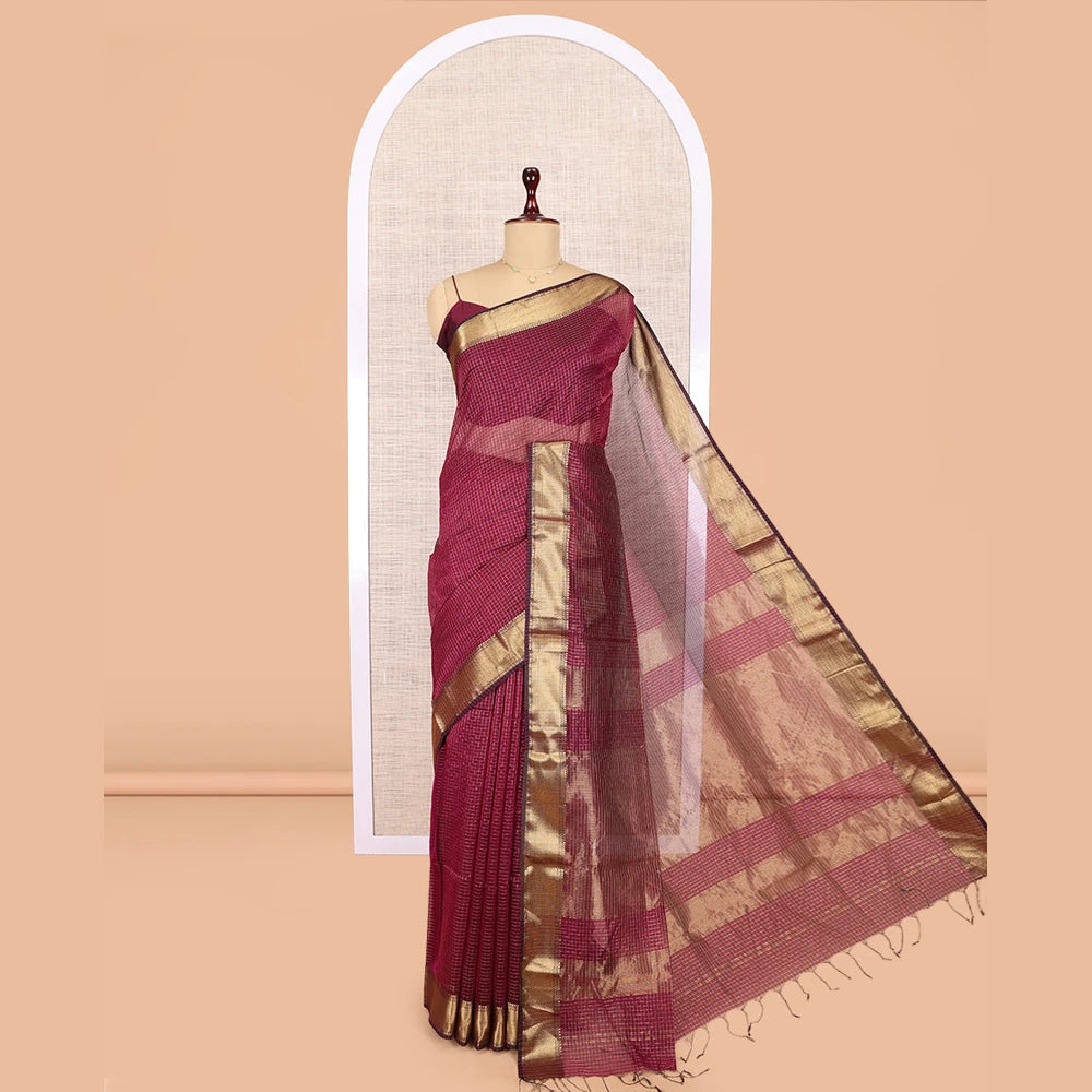 Pothys Wine Maheshwari Cotton Saree, Accentuated with Zari Checks, Highlighted by a Traditional Zari Border, Gleaming Zari Woven Pallu, and a Matching Blouse
