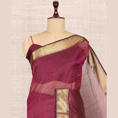 Pothys Wine Maheshwari Cotton Saree, Accentuated with Zari Checks, Highlighted by a Traditional Zari Border, Gleaming Zari Woven Pallu, and a Matching Blouse