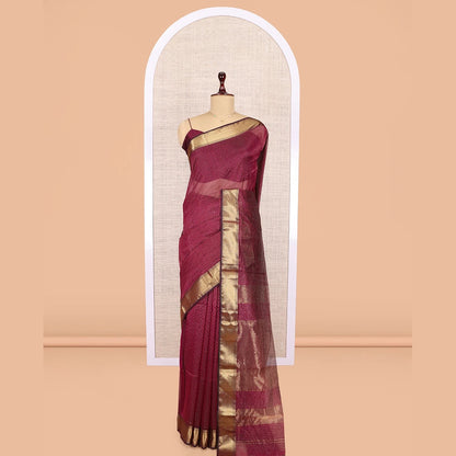 Pothys Wine Maheshwari Cotton Saree, Accentuated with Zari Checks, Highlighted by a Traditional Zari Border, Gleaming Zari Woven Pallu, and a Matching Blouse