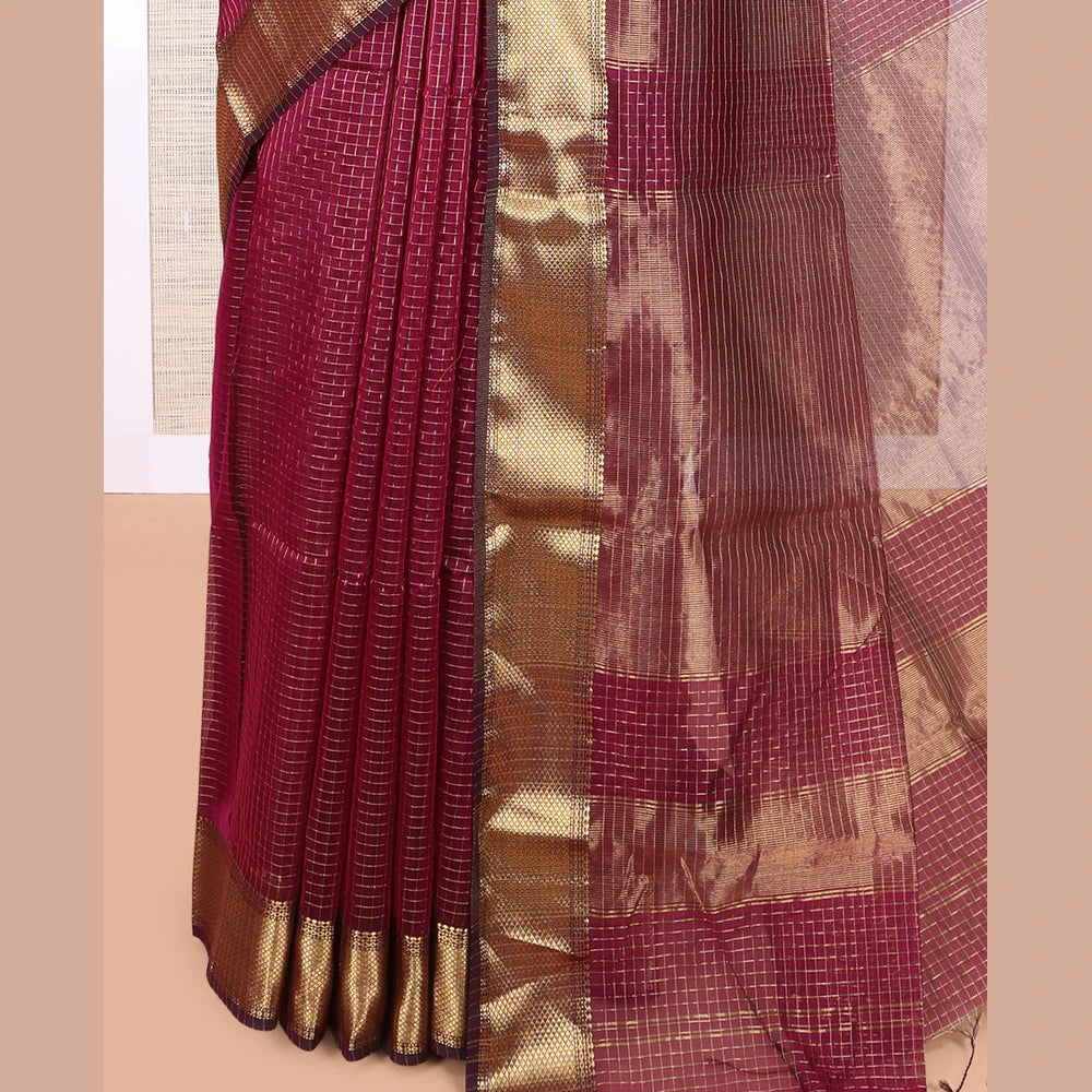 Pothys Wine Maheshwari Cotton Saree, Accentuated with Zari Checks, Highlighted by a Traditional Zari Border, Gleaming Zari Woven Pallu, and a Matching Blouse