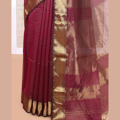 Pothys Wine Maheshwari Cotton Saree, Accentuated with Zari Checks, Highlighted by a Traditional Zari Border, Gleaming Zari Woven Pallu, and a Matching Blouse