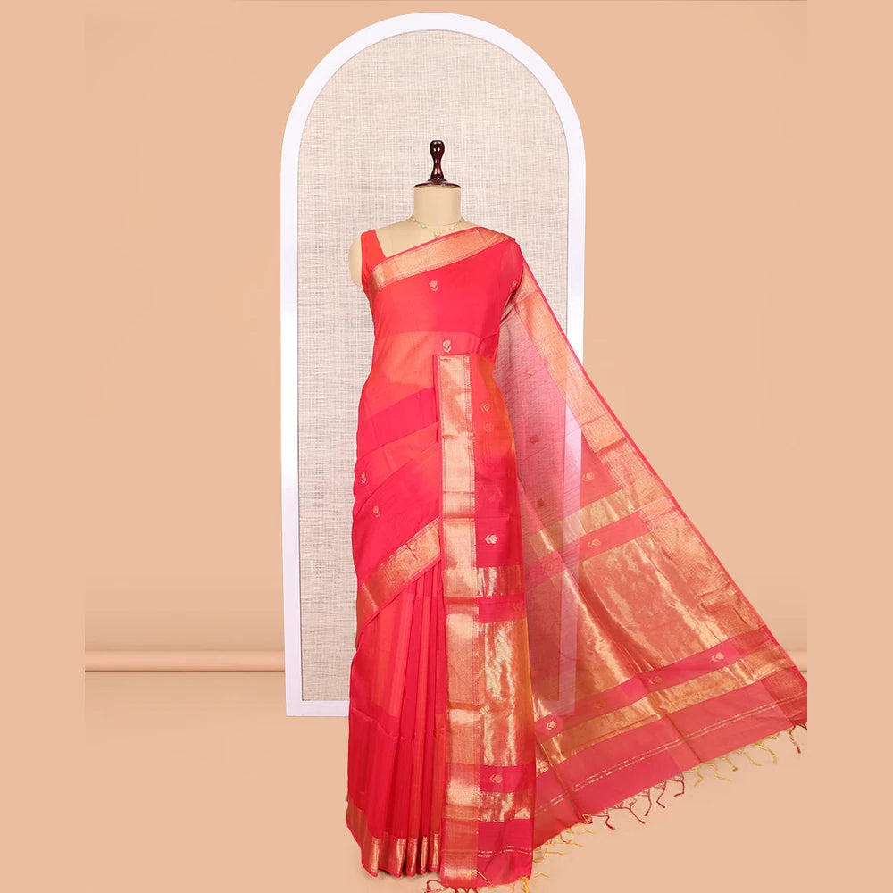 Pothys Pink Maheshwari Cotton Saree, Embellished with Buttas, Highlighted by a Traditional Zari Border, Zari Gleamed Up Pallu, and Matching Blouse