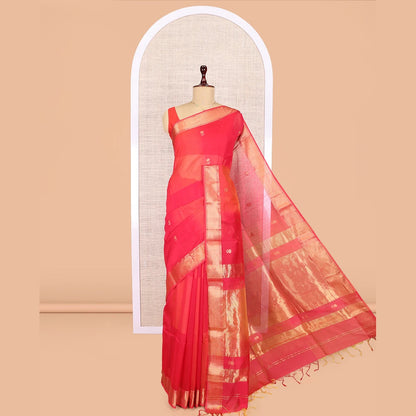 Pothys Pink Maheshwari Cotton Saree, Embellished with Buttas, Highlighted by a Traditional Zari Border, Zari Gleamed Up Pallu, and Matching Blouse