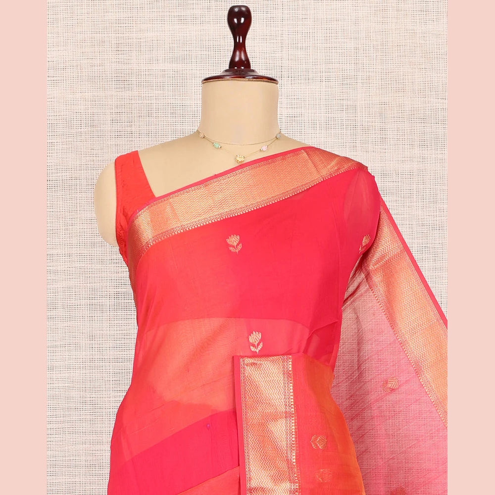 Pothys Pink Maheshwari Cotton Saree, Embellished with Buttas, Highlighted by a Traditional Zari Border, Zari Gleamed Up Pallu, and Matching Blouse