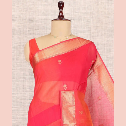 Pothys Pink Maheshwari Cotton Saree, Embellished with Buttas, Highlighted by a Traditional Zari Border, Zari Gleamed Up Pallu, and Matching Blouse