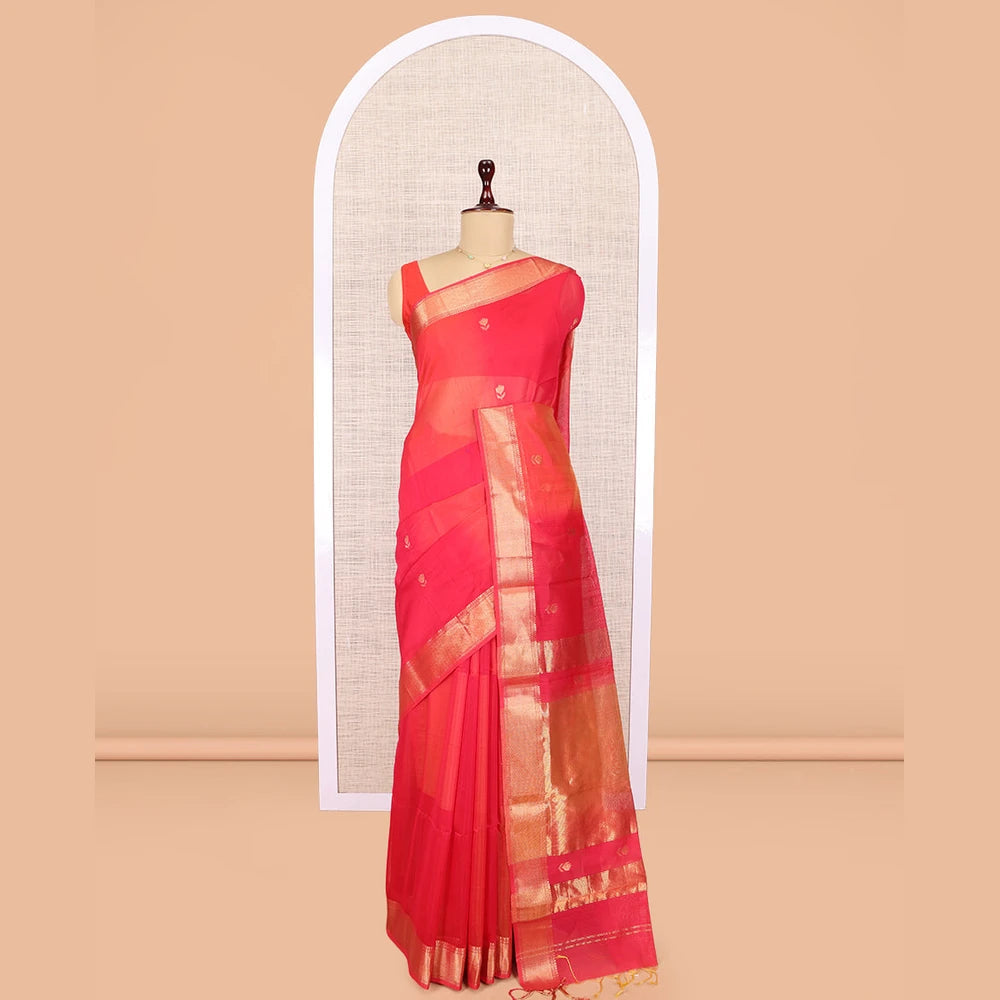 Pothys Pink Maheshwari Cotton Saree, Embellished with Buttas, Highlighted by a Traditional Zari Border, Zari Gleamed Up Pallu, and Matching Blouse