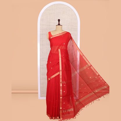Pothys Red Maheshwari Cotton Saree, Accentuated with Buttas, Highlighted by a Chevron Zari Border, Pallu of Zari Buttas, and a Matching Blouse