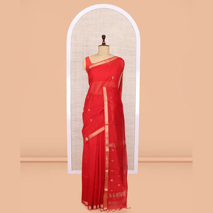 Pothys Red Maheshwari Cotton Saree, Accentuated with Buttas, Highlighted by a Chevron Zari Border, Pallu of Zari Buttas, and a Matching Blouse