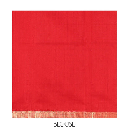 Pothys Red Maheshwari Cotton Saree, Accentuated with Buttas, Highlighted by a Chevron Zari Border, Pallu of Zari Buttas, and a Matching Blouse