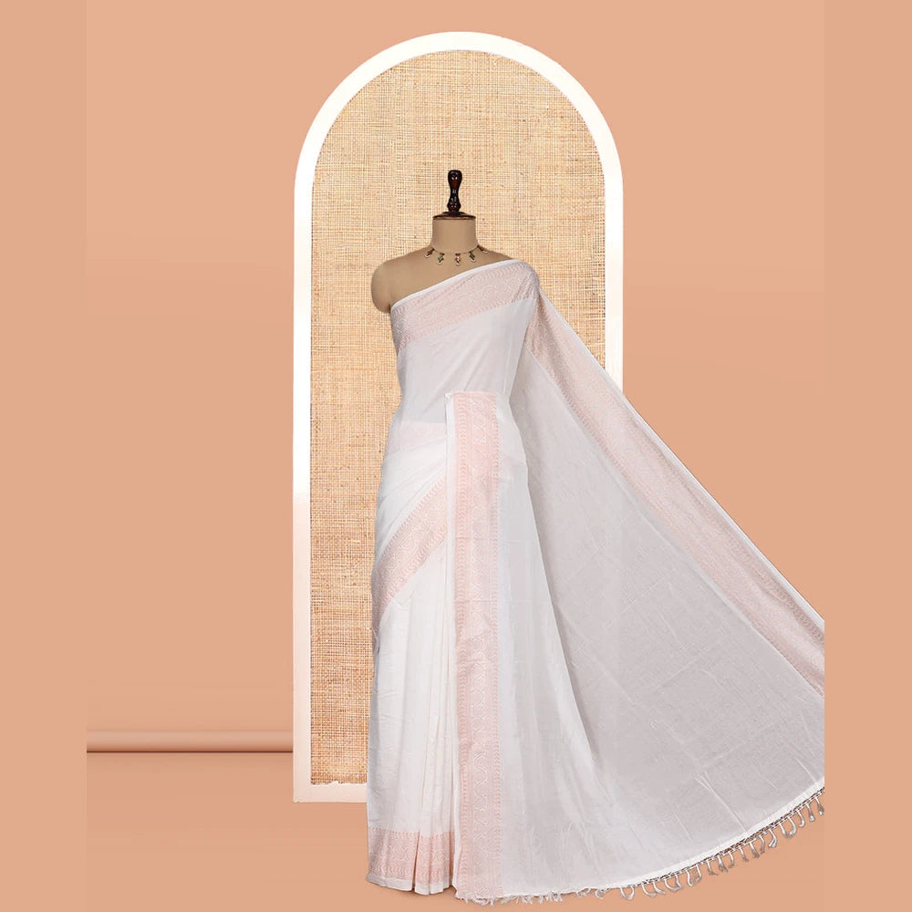Pothys White Plain Vichitra Silk Saree, Highlighted by a Traditional Zari Border, a Self-Pallu, and No Blouse