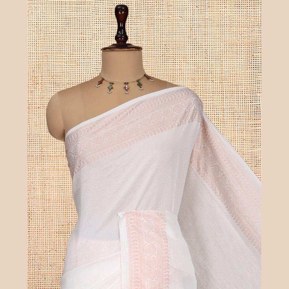 Pothys White Plain Vichitra Silk Saree, Highlighted by a Traditional Zari Border, a Self-Pallu, and No Blouse