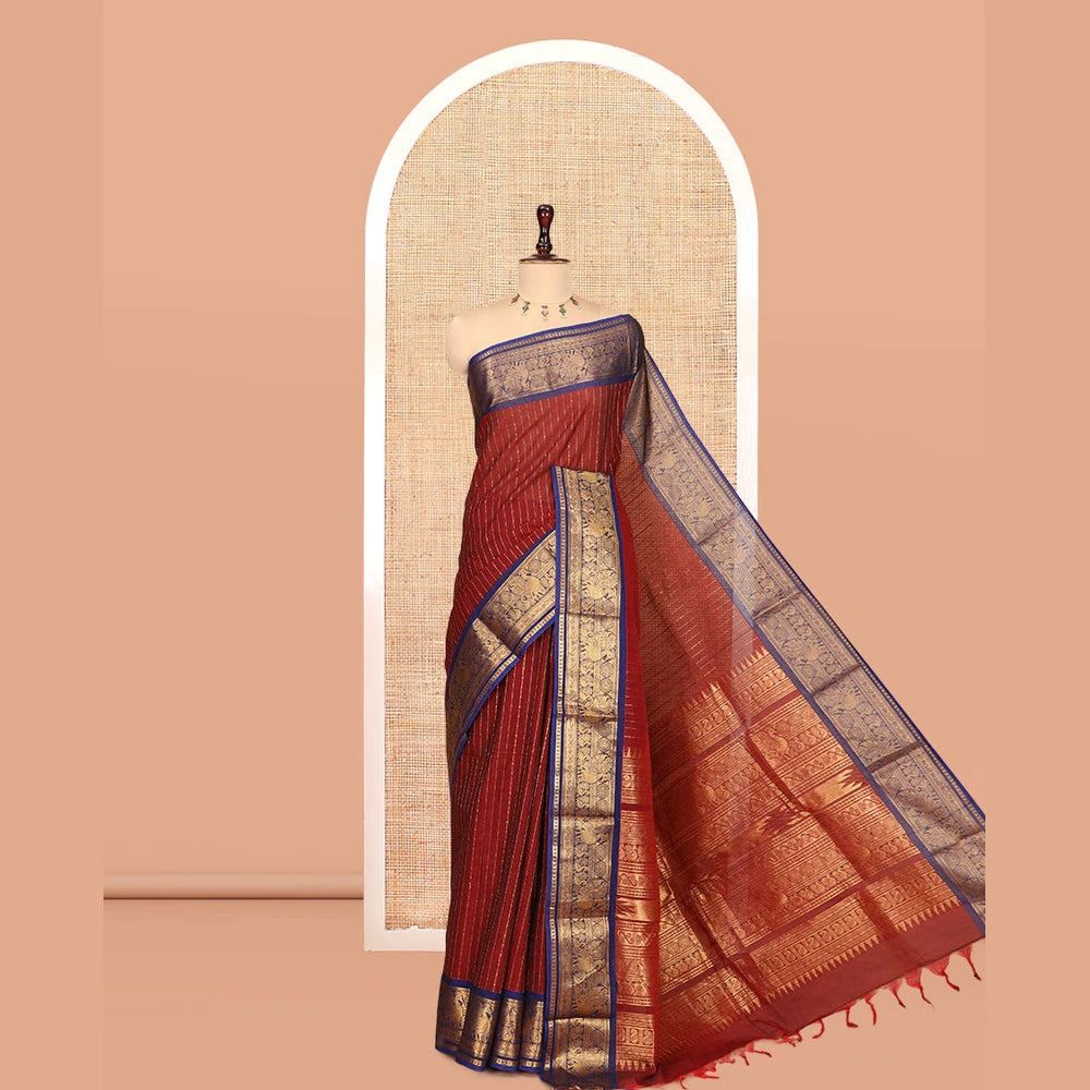Pothys Maroon-Royal Blue Chettinad Cotton Saree, Adorned with Zari Stripes, a Contrast Peacock Traditional Border, Grand Pallu, a Matching Blouse