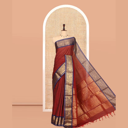 Pothys Maroon-Royal Blue Chettinad Cotton Saree, Adorned with Zari Stripes, a Contrast Peacock Traditional Border, Grand Pallu, a Matching Blouse